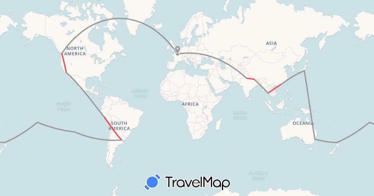 TravelMap itinerary: plane, hiking in Argentina, Australia, Canada, Chile, France, Hong Kong, India, Japan, Nepal, New Zealand, Peru, French Polynesia, Thailand, United States (Asia, Europe, North America, Oceania, South America)