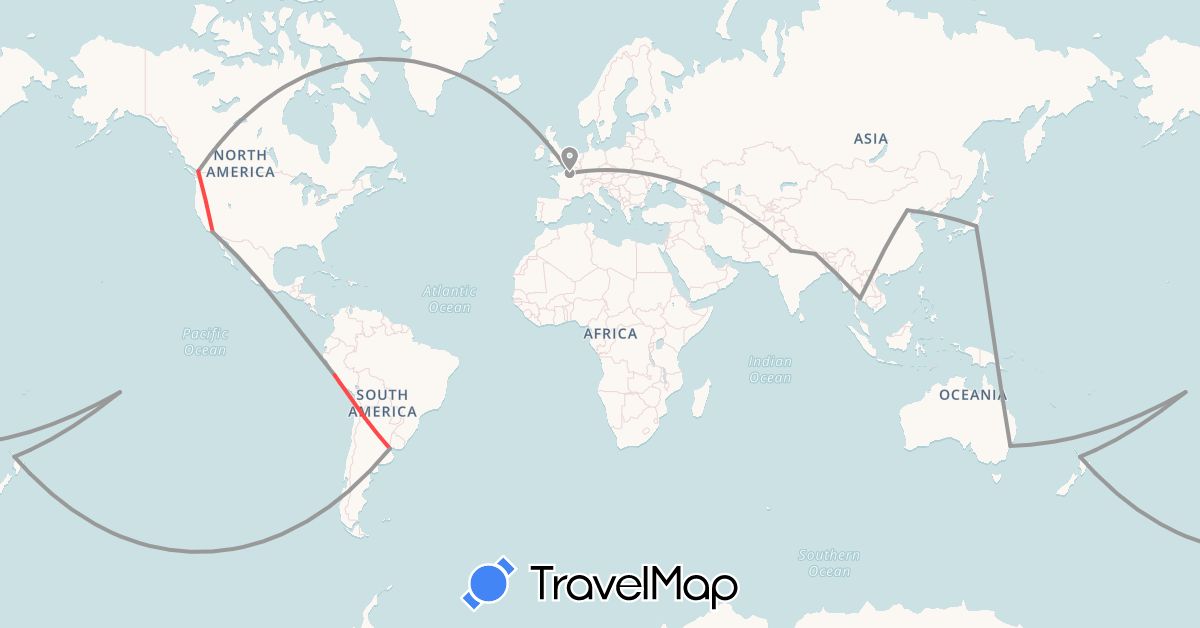 TravelMap itinerary: plane, hiking in Argentina, Australia, Canada, China, France, India, Japan, Nepal, New Zealand, Peru, French Polynesia, Thailand, United States (Asia, Europe, North America, Oceania, South America)